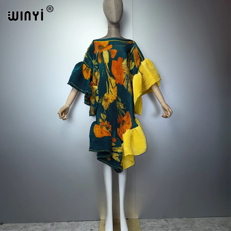 

WINYI Maxi Kaftan Dress Dubai Style Pleated Elastic Puff Sleeves Beach Cover up Holiday Luxury Party Evening Gown