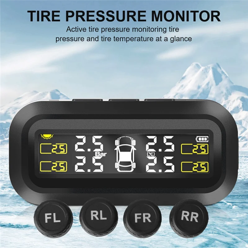 

Car Tyre Pressure Monitor Tire Pressure Monitoring System Solar TPMS With 4 External Sensors Temperature Warning Fuel Save
