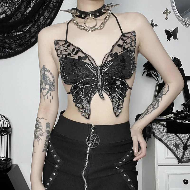 Goth Dark Fairycore Lace Butterfly Backless Camis Y2k Grunge Sexy Bandage Halter Top Mall Gothic Embroidery Crop Festival Outfit