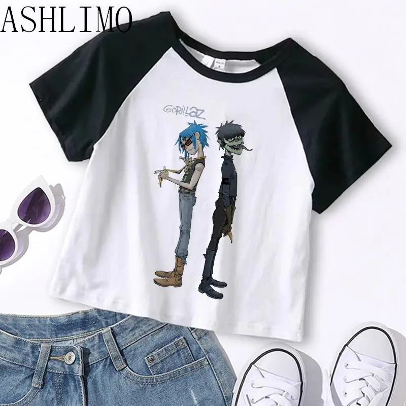 Gorillaz PUNK ROCK Music Band Women Summer 90s Crop Tops O-neck Short Sleeve T-shirts Clothes Shirt Vintage Y2K Bf Clothing Tee