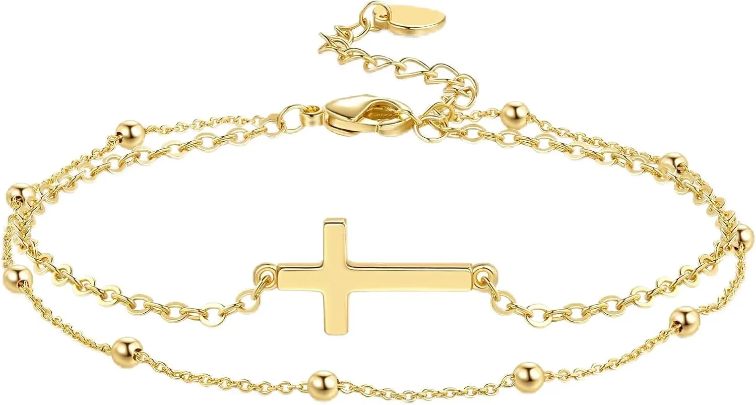 14K Gold Cross Bracelet for Women Gold Bead Chain for Women | Double Layered Bracelets for Womens Beaded Bracelet Refined Layering Christian Sideways Cross Bracelets for Womens