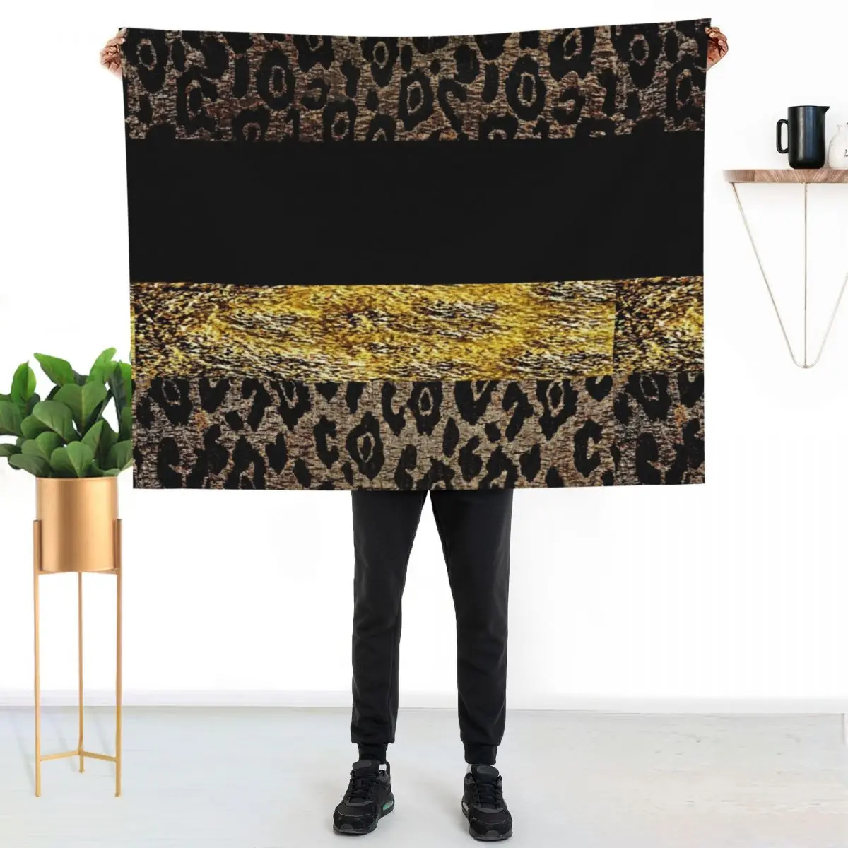 

Animal Print Black and Gold and Brown Cheetah and Leopard Throw Blanket Travel Size Cozy Blanket for Plane Train