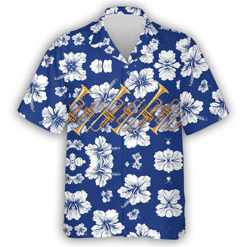 Camisas hawaianas con estampado 3D de guitarra y trompeta para hombre, camisa de manga corta con botones y solapa, Unisex