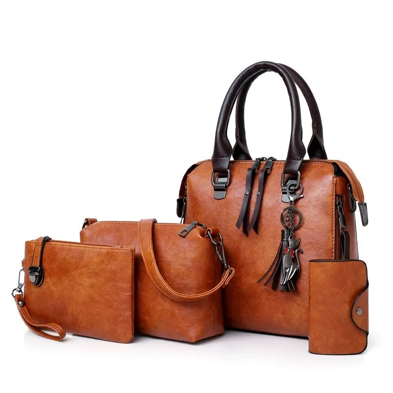 4Pcs Solid Color Bag Set With Cat Tassel Pendant, Large Capacity Versatile Women Handbag Kit - view 3