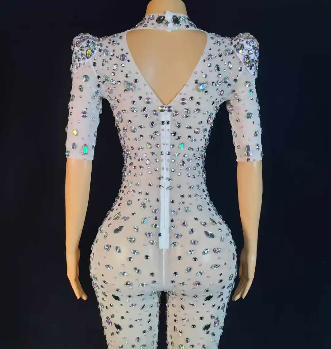 Mid-Length Sleeve Crystals Rhinestone Jumpsuits For Women Stunning Performance Stage Wear Night Club Drag Queen Costume