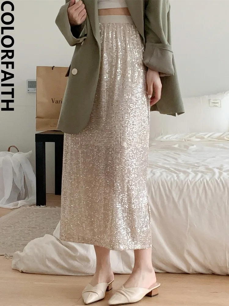 Colorfaith SK5264DG New 2023 Chic Sequin Bling Vintage High Waist Elegant Lady Korean Fashion Spring Summer Women Long Skirts