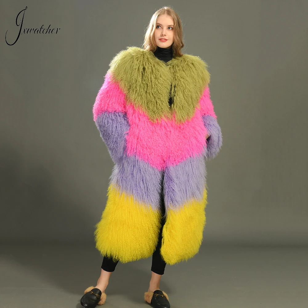 Jxwatcher Real Mongolian Fur Coat Women Luxury Long Natural Sheep Fur Coat Ladies Fashion Mix Color Fur Jacket 2023 New Style