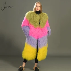 Jxwatcher Real Mongolian Fur Coat Women Luxury Long Natural Sheep Fur Coat Ladies Fashion Mix Color Fur Jacket 2023 New Style