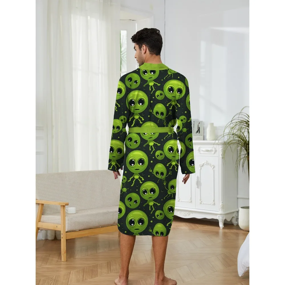 Men's Long Robes with Digital Printed Alien Patterns, Fun Sleeping Robes for Home and Leisure Entertainment.