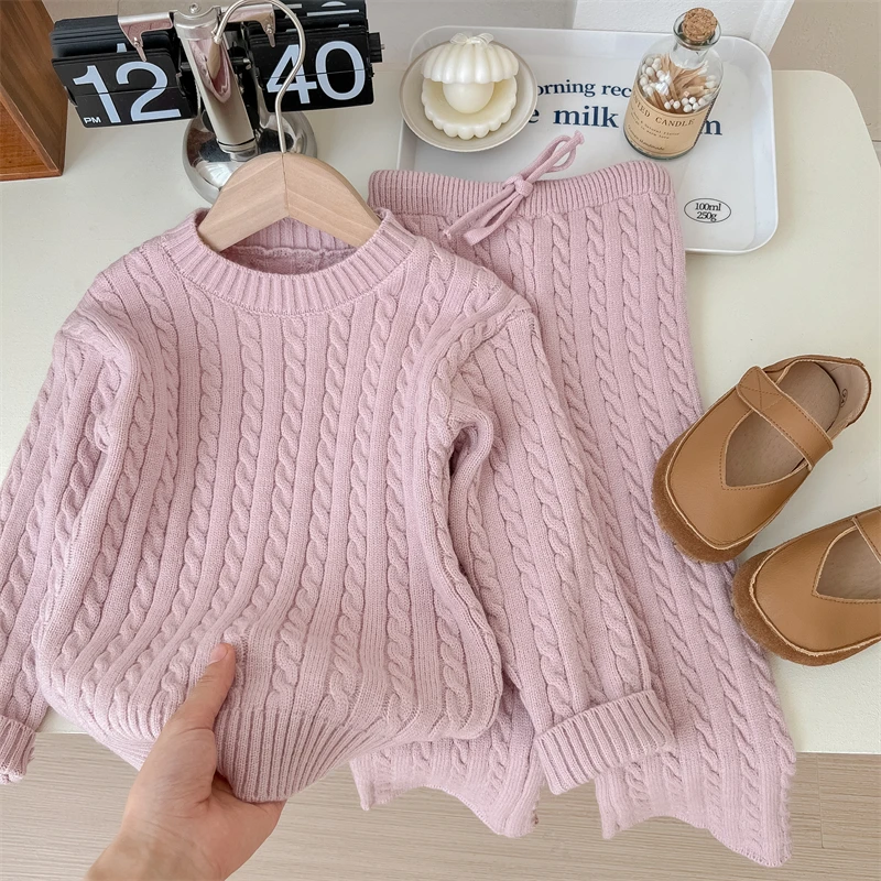 Fashion Girl\'s Sweater Suit Korean Round Neck Knitted Top + Drawstring Slim Pants Two Piece Set for Girls 2024 Spring New