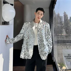 Korean Men's Sequins Blazer Glitters Bling Suit Jackets Singer Stage Shiny Clothing Black Silver Oversize Party Suit Coat Man