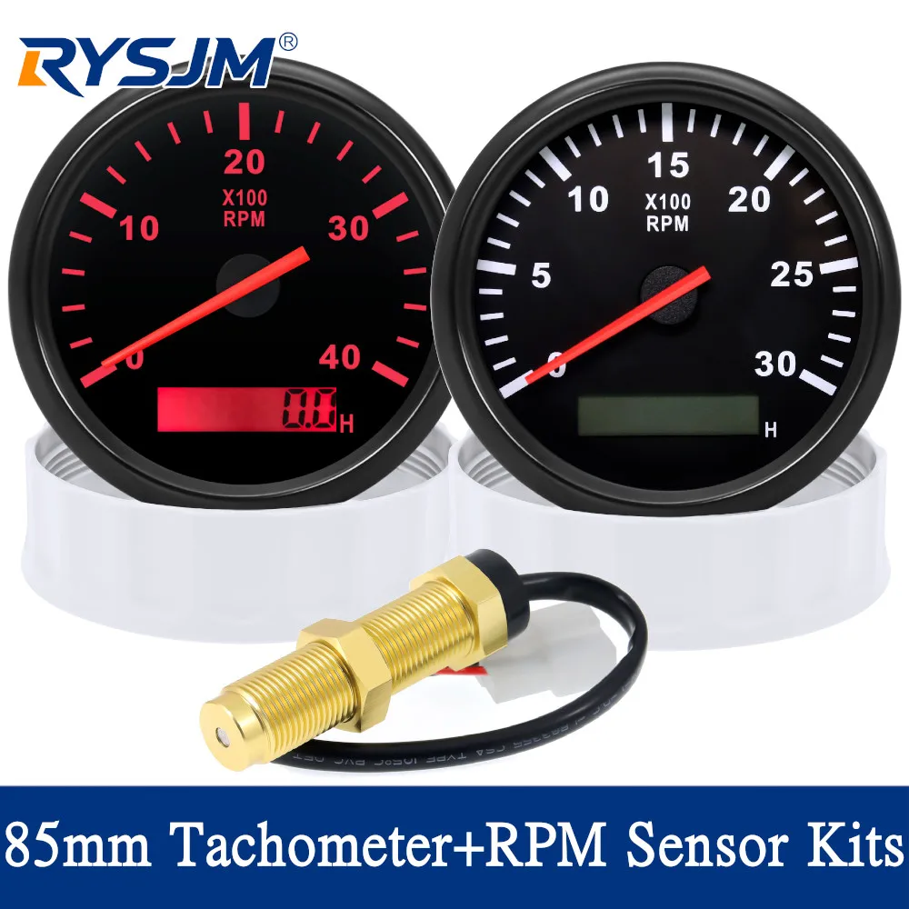 Tacómetro Universal de 85 mm para Automóvil, Barco, Marino, con Contador de Revoluciones y Horómetro, 3K 4K 3000 RPM, Tacómetro + Sensor de RPM, 9-32 V, Luz Roja