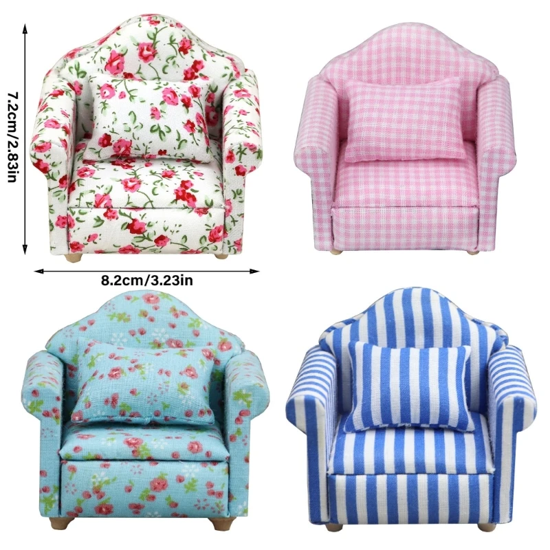 Bedroom Single Sofa Floral Sofa Miniature Furniture Model Doll Houses Couch Accessory Realistic Playset 1:12