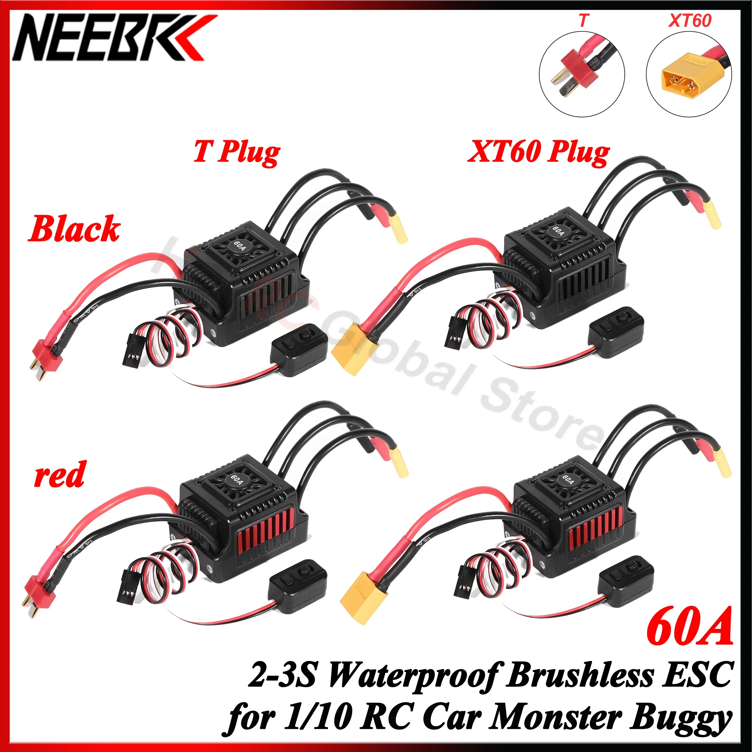 

NEEBRC 60A T/XT60 Plug 2-3S Waterproof Sensorless Brushless ESC Dust-proof Speed Controller for 1/10 RC Car Crawler Monster Part