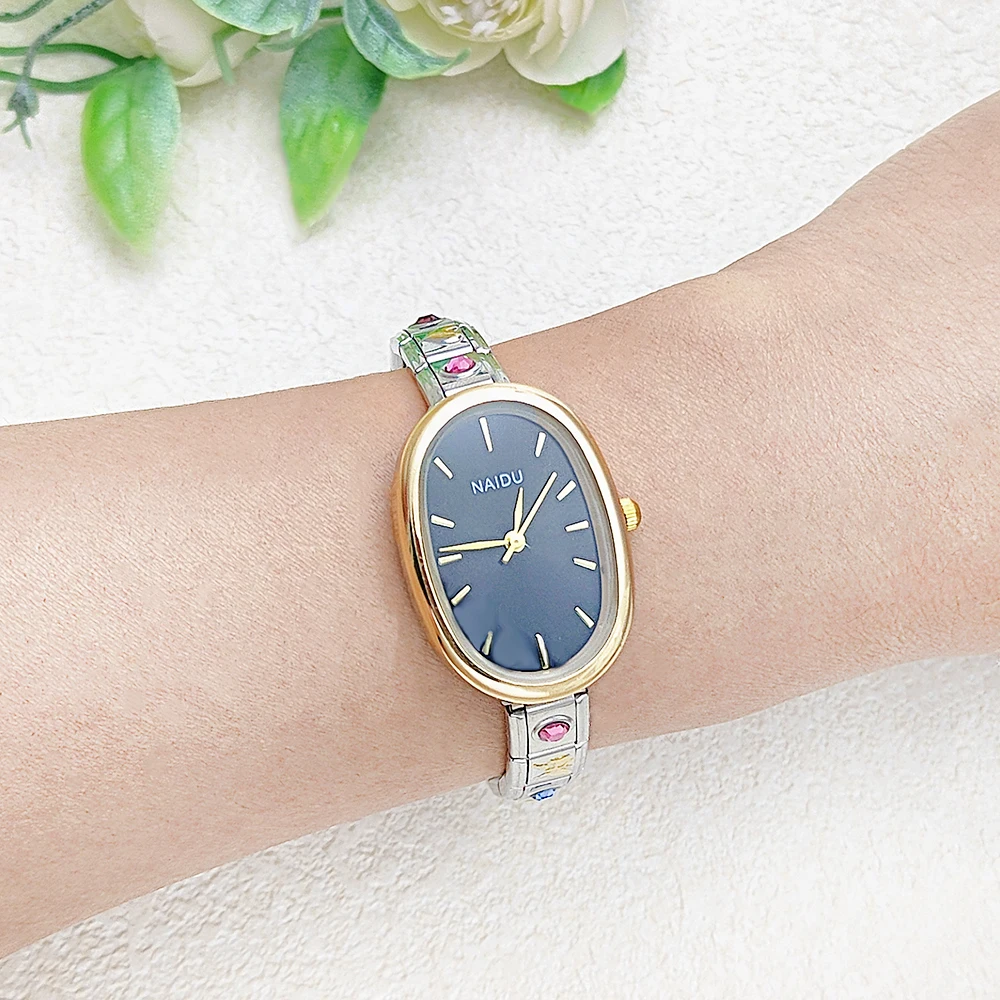 GEMOSA Fashion Oval Casual Chic Design Quartz Watches Women Female Stainless Steel Width 9mm Strap Party Birthday Perfect Gift