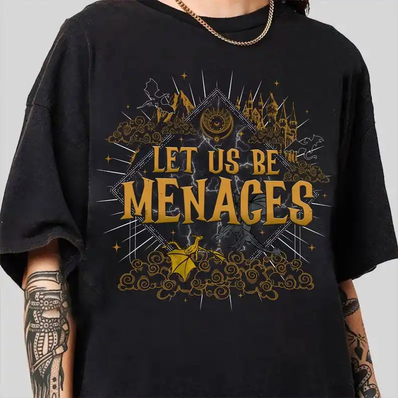 Camiseta Let Us Be Menaces, camisa Onyx Storm, camisa Ridoc Quarto Wing, camisa Ridoc Quest Squad, camiseta Xaden Riorson