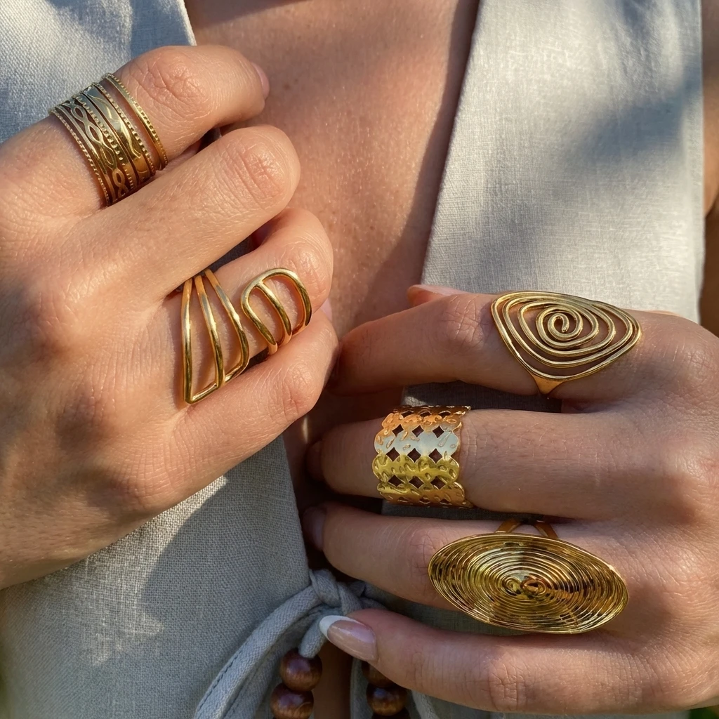 Gmai Geometrischer PVD-beschichteter Edelstahl-Ringset für Damen, Übertriebene Unregelmäßige Manschettenringe, Statement-Partyschmuck, Geschenk – Detail 3