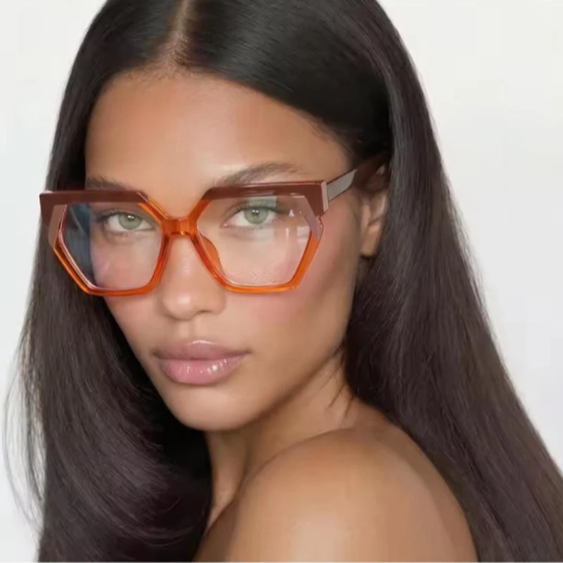 European American Style Women Polygon Shape Blue Light Glasses Female Cat-eye Color-blocking Irregular Large Frame Eyeglasses