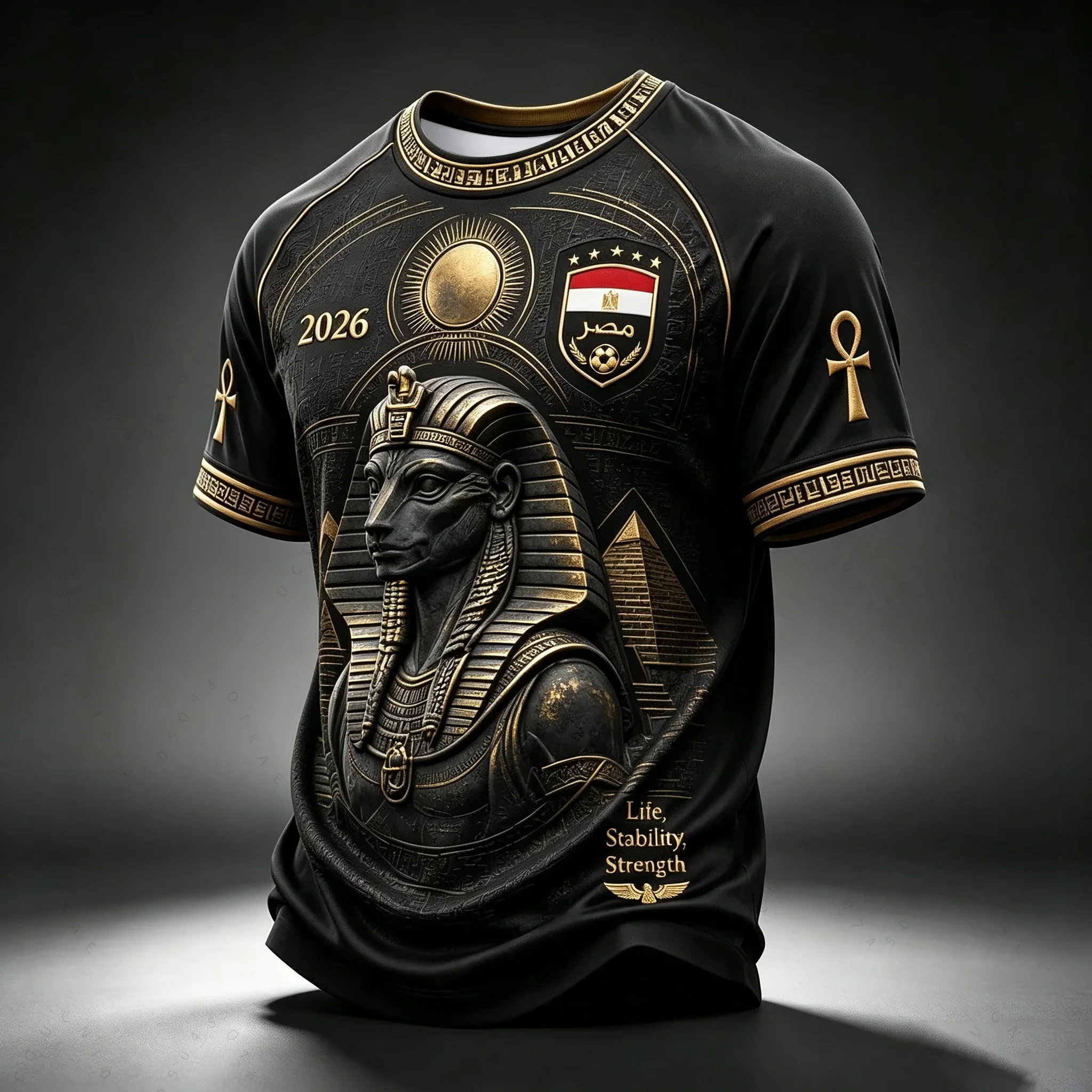 2026 Men Egypt National Team Raglan Football Shirt Full Ancient Egyptian Relief Jacquard Quick Dry Breathable Fan Beach T-shirts