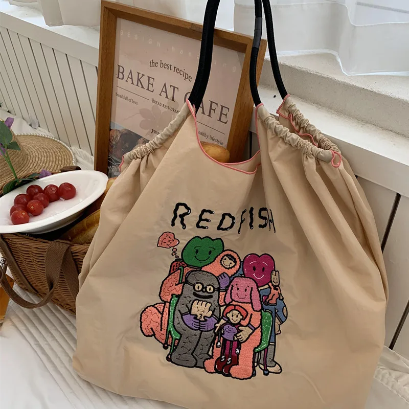 Cute Cartoon Tote Bags Overlarge Embroidery Shoulder Bag Nylon Eco Designer Bags for Women Handbags Rope Handle Drawstring Bag