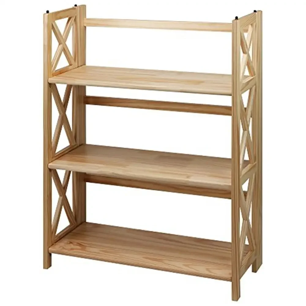 X-Design Natural Wood Folding Bookcase with 3 Shelves Sturdy Stackable Design Easy Transport and Storage Solid Wood Construction