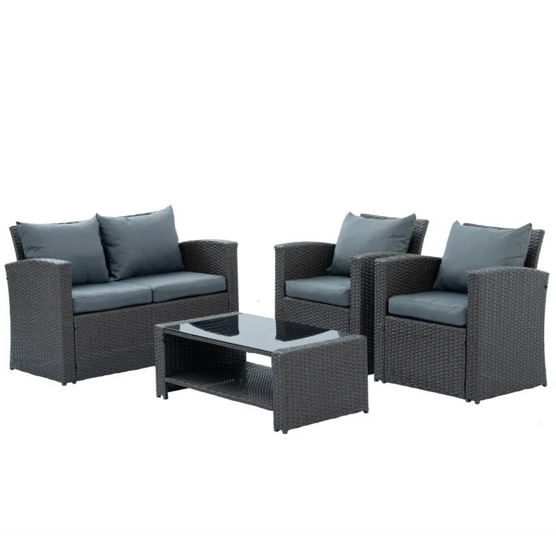 High Quality Patio Furniture, Outdoor Furniture, Seasonal PE Wicker Furniture, Four Set Wicker Furniture W/ Black Tempered