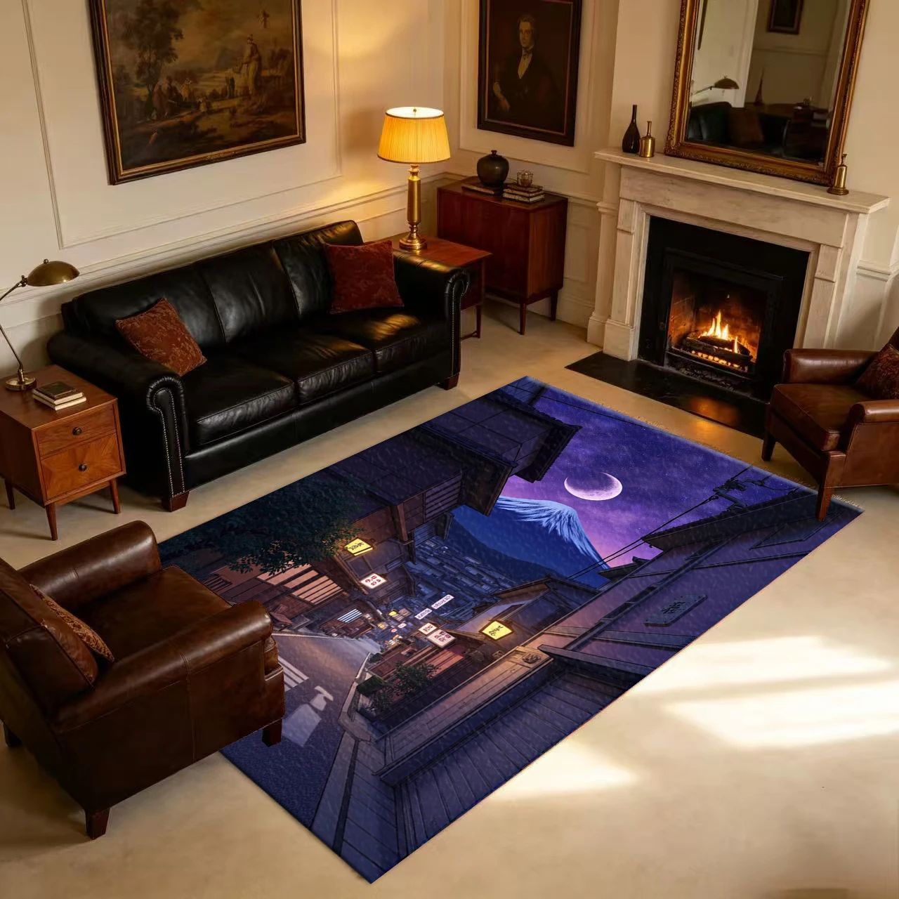 Anime Night Town Mount Fuji Moon Scenery Carpet Anti-Slip Landscape Floor Rug For Bedroom Living Room Home Decor