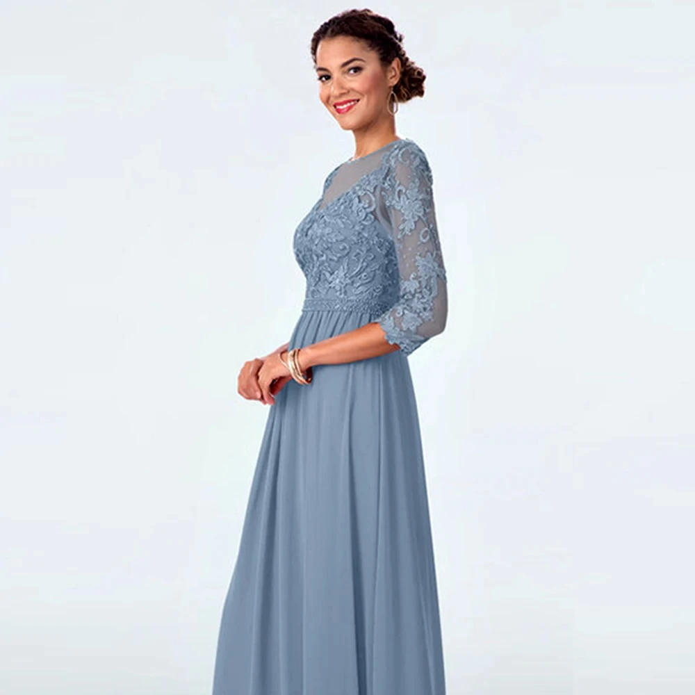 Dusty Blue Mother of The Bride Dresses Three Quarter Sleeves Chiffon A-Line Gowns Fashion Lace Appliques Wedding Party Dresses