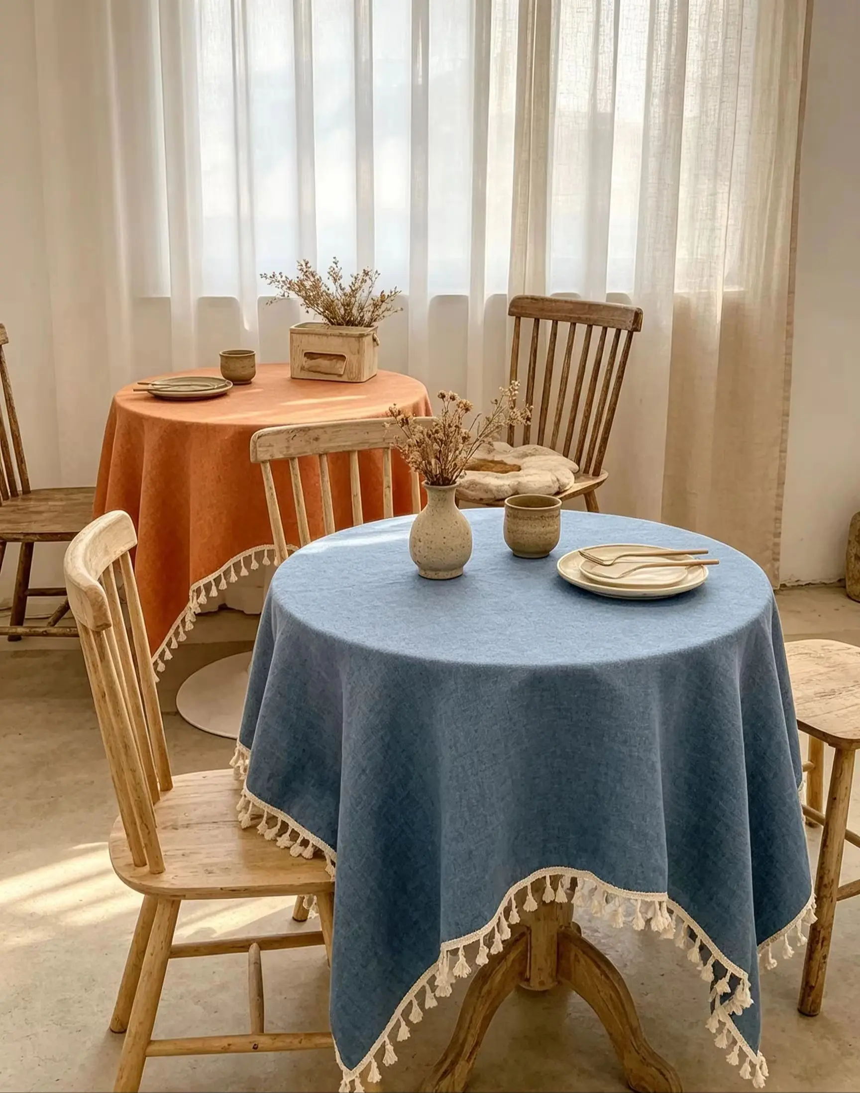 1Pc Solid Color Rustic Farmhouse Tablecloth with Tassel Edge, Dust-proof Stain-resistant for Kitchen Dining Table Home Decor