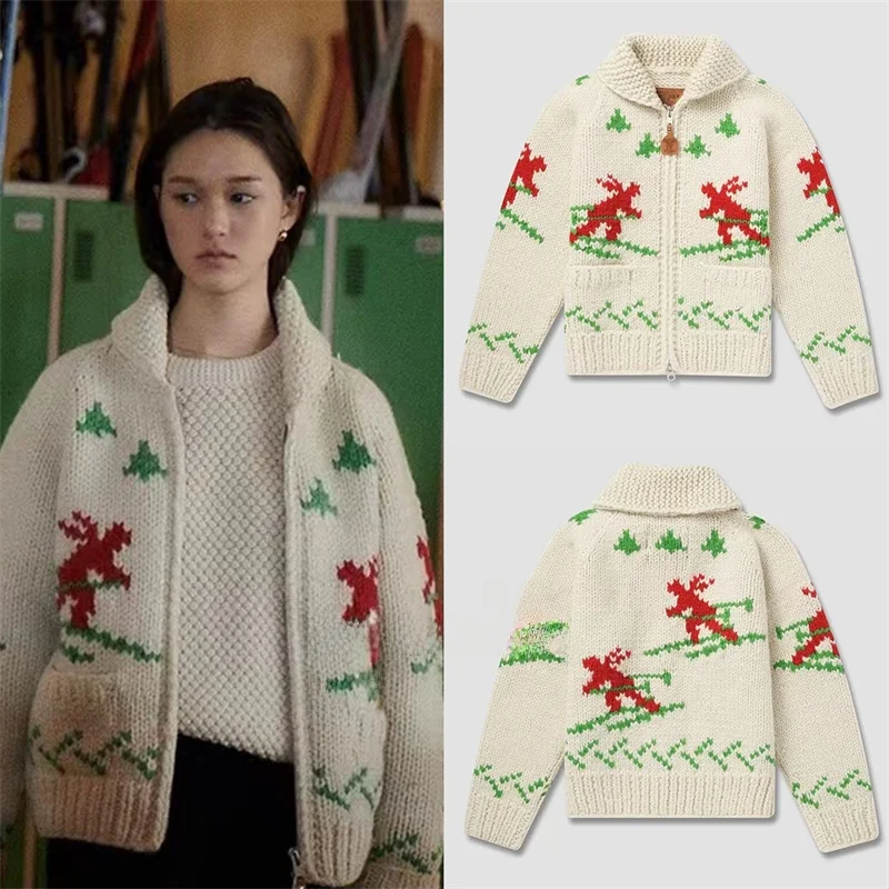 

Женский вязаный шерстяной кардиган на осень-зиму с принтом в рождественском стиле, V-образный вырез, длинный рукав, стандартный крой, корейский стиль