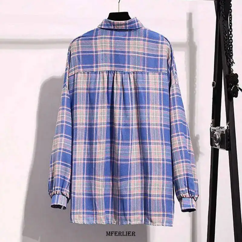 Plus Size 5XL 150kg Women Plaid Shirt Oversized Blouse Female Korean Long Sleeves Spring Shirt Tops Casual Femme Blusas