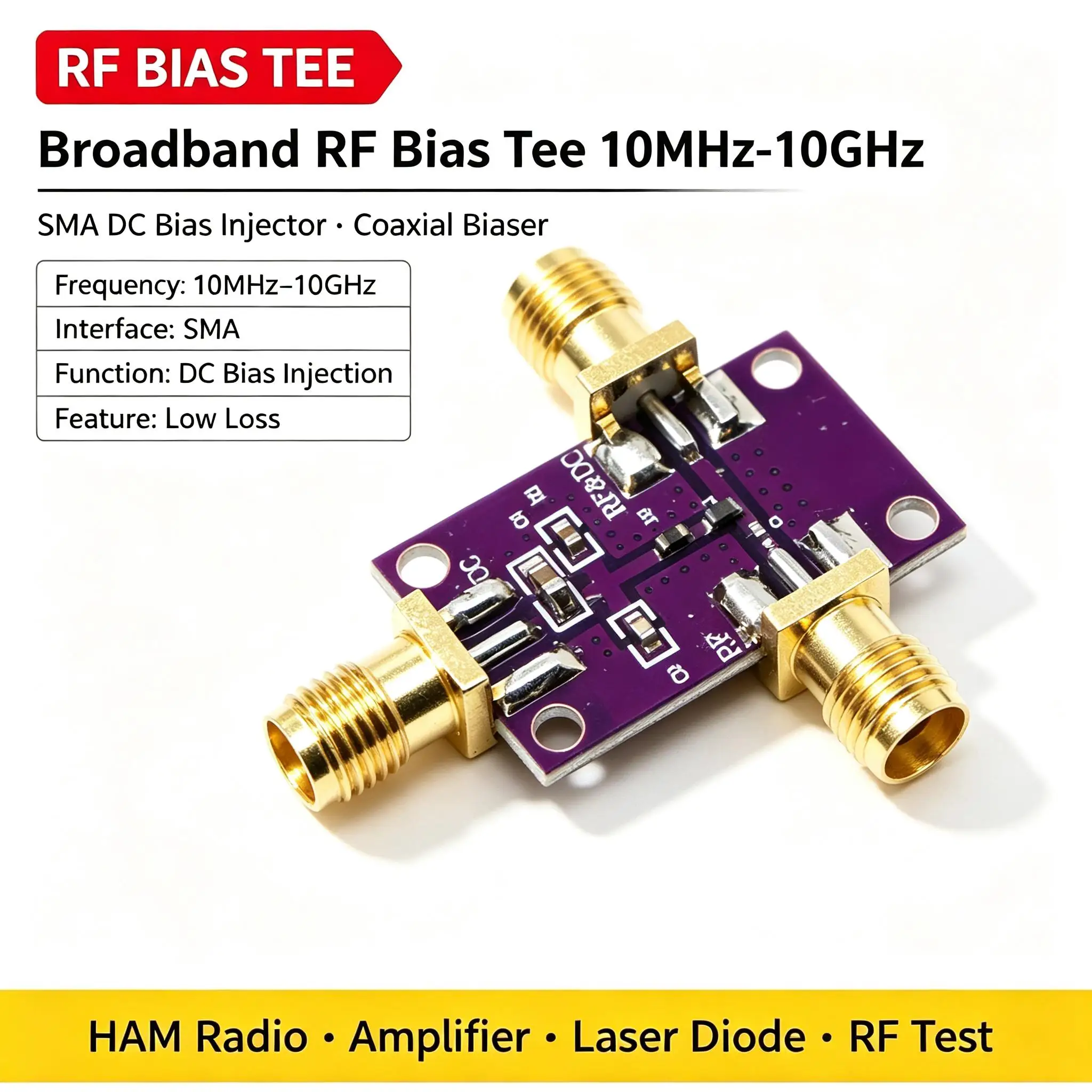 DYKB 10M-10GHz DC Bias Injector SMA RF Isolator Coaxial Bias Tee Low Loss Wideband Amplifier SDR Transceiver Laser Driver Module