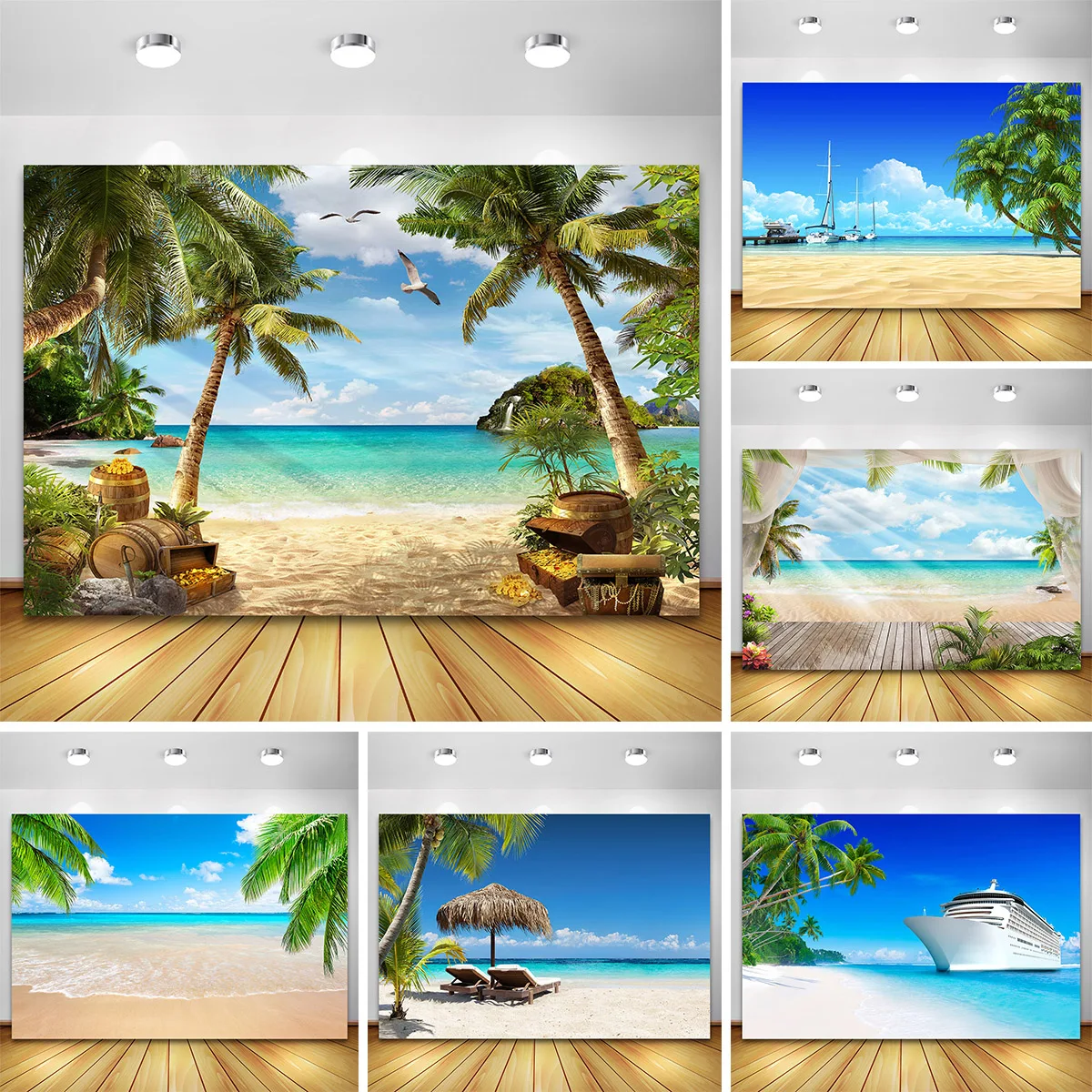 Summer Beach Tropical Coconut Tree Backdrop for Photography Blue Ocean Hawaii Photo Background Holiday Party Decor Photopone