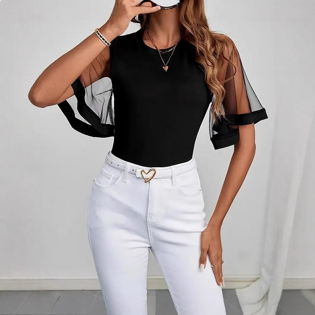 Frühling Sommer Durchsichtige Mesh-Bluse mit Trompetenärmeln Damen Casual Dehnbare Modische Oberteile Blusen