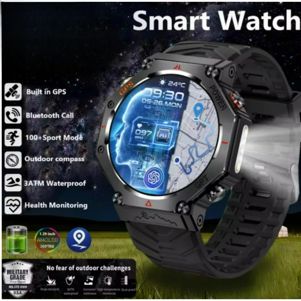 

Новые военные смарт-часы 2026 года с встроенным компасом, альтиметром, барометром, водонепроницаемостью 10ATM IP69K, AMOLED-дисплеем и Bluetooth