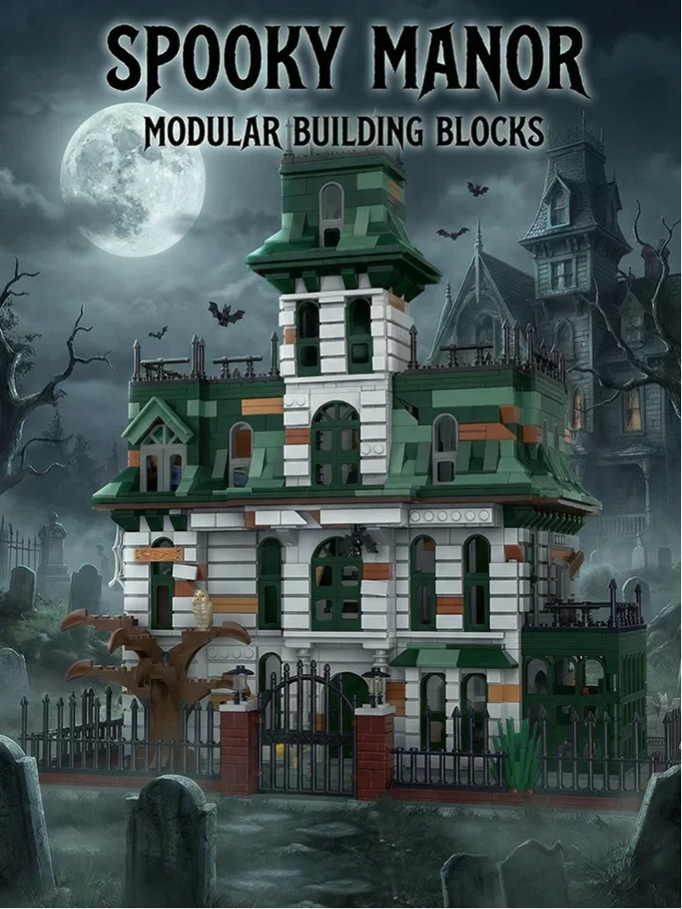 3378-teiliger Addams Nightmare Castle Baukasten, Geister-Burg-Architektur, Modulares Modell-Bausatz, Weihnachts- und Halloween-Geschenk für Erwachsene