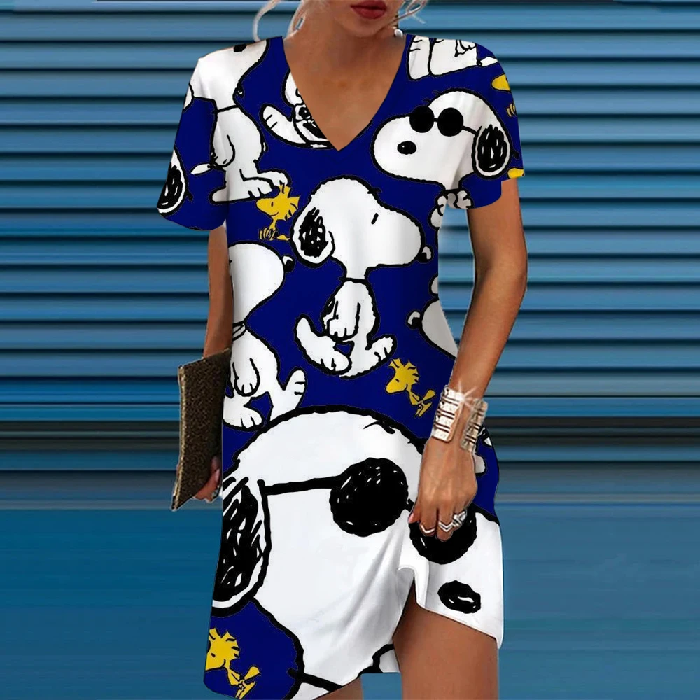 

Women's Dresses Summer Fashion Snoopy print V Neck Loose Bohemian Vacation Woman Basic short-sleeved Vestidos