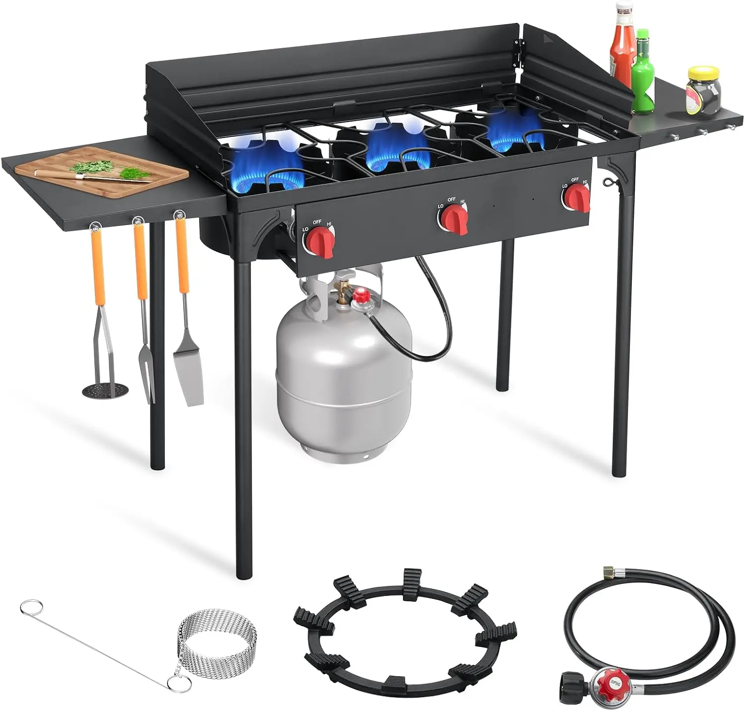 

3 Burners Portable Propane Stove with Wind Panel&Side Shelves, Camping Propane Stove, Outdoor Stove for Camping