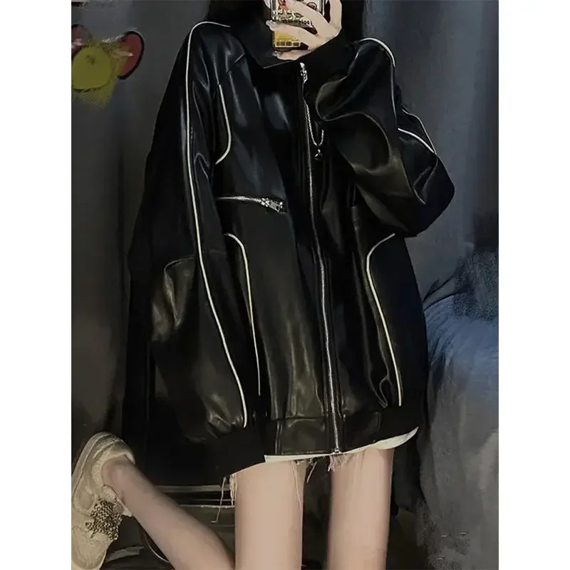 Faux PU Leather Women Coats Biker Loose Coat Tun Down Collar Jackets Gothic Punk Zipper Jacket Autumn Winter Y2k Tops Streetwear