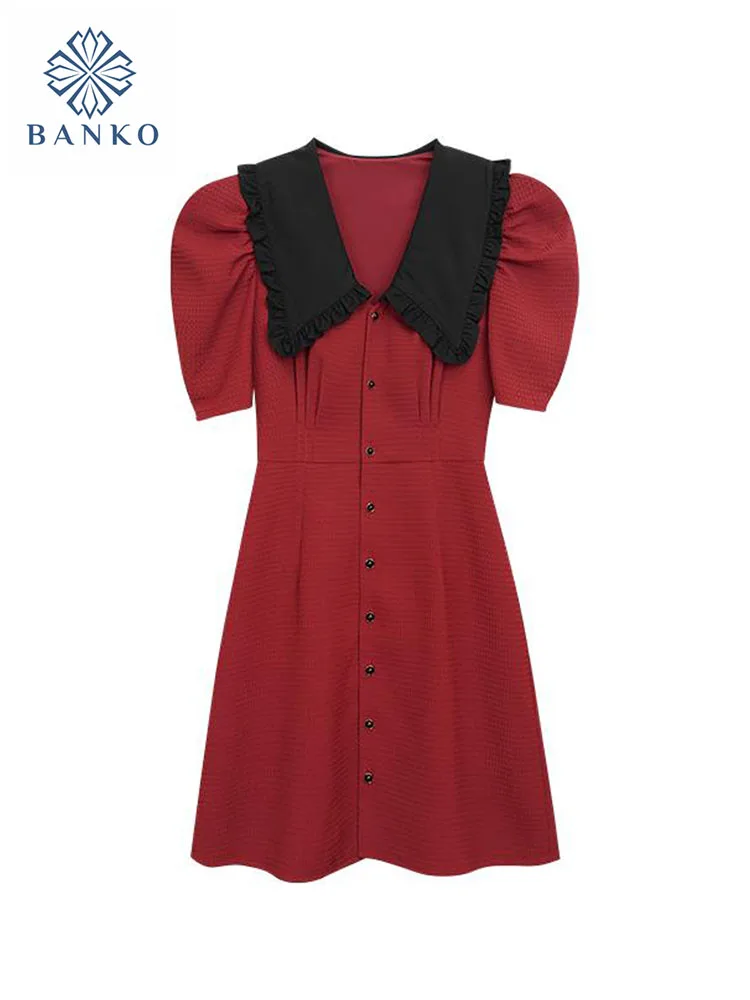 New Design Simple Red One-Piece Frocks Puff Sleeve Elegant Single Breasted Polo A-Line Dress Formal Occasion Spring Summer 2024