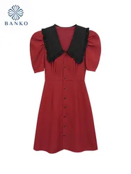 New Design Simple Red One-Piece Frocks Puff Sleeve Elegant Single Breasted Polo A-Line Dress Formal Occasion Spring Summer 2024