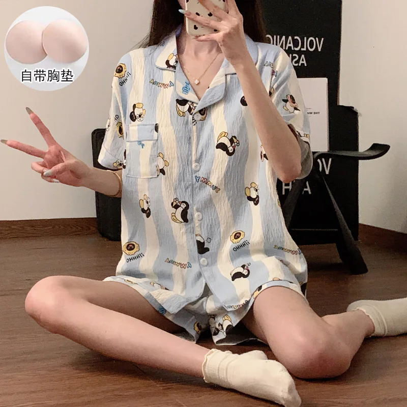 Sanrio Women's Pajamas and Pajamas, Summer New Cardigan with Padded Lapel, Fashionable Thin Suit, Cute Home Wear, Girl Gift