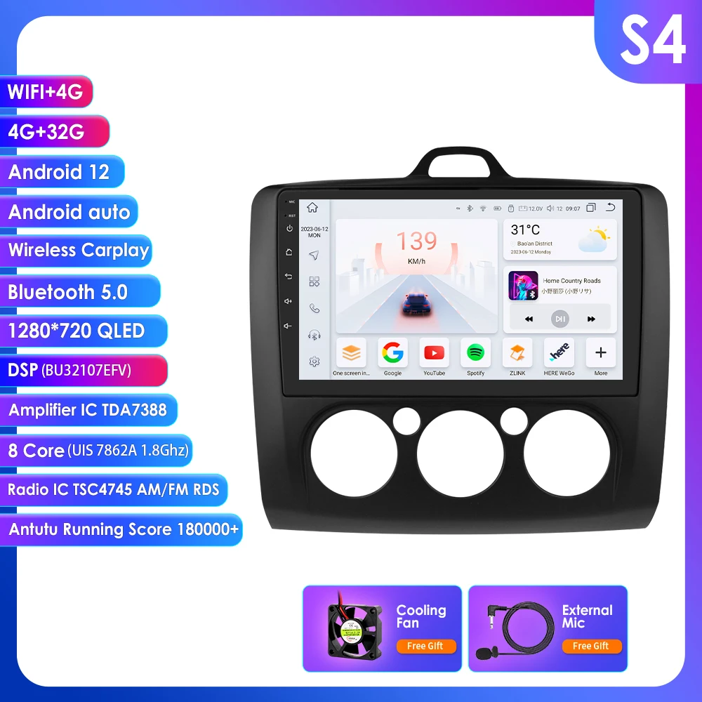 4G Carplay Android Auto Autoradio Voor Ford Focus Exi Mt 2 3 Mk2/Mk3 2004-2011 Multimediaspeler 2din Gps Navi Stereo Qled Scherm - afbeelding 1