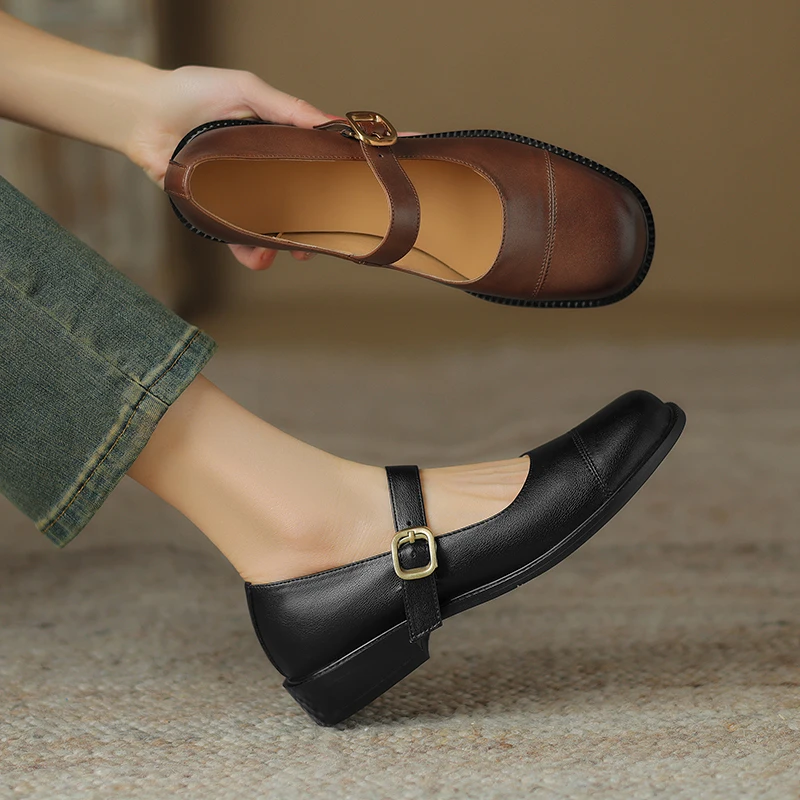 

Genuine Leather Cowhide Women Mary Janes Shoes Student Shoes Large Size Womens Shoes Square Toe High Heels Casual Low heel Shoes