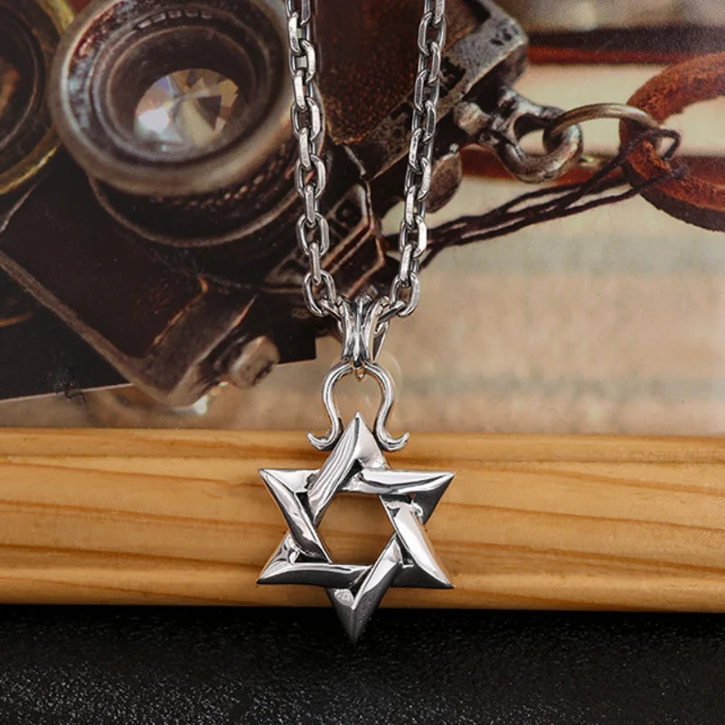 Unibabe Sterling Silver Fine Jewelry Hexagon Necklace Pendant 925 Silver Six-pointed Star Trend Chain Pendant Man Woman