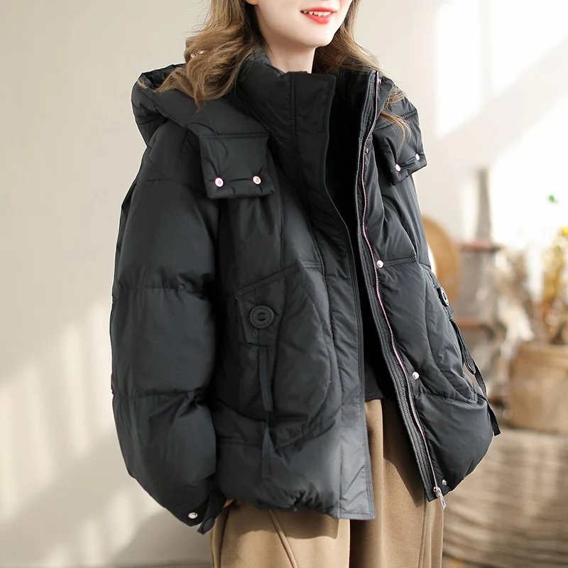 Schinteon ผู้หญิงลงเสื้อลําลองหลวมกว่าขนาดฤดูใบไม้ร่วงฤดูหนาว Outwear กับกระโปรงเป็ดสีขาวลงเสื้อสั้น 2024 ใหม่