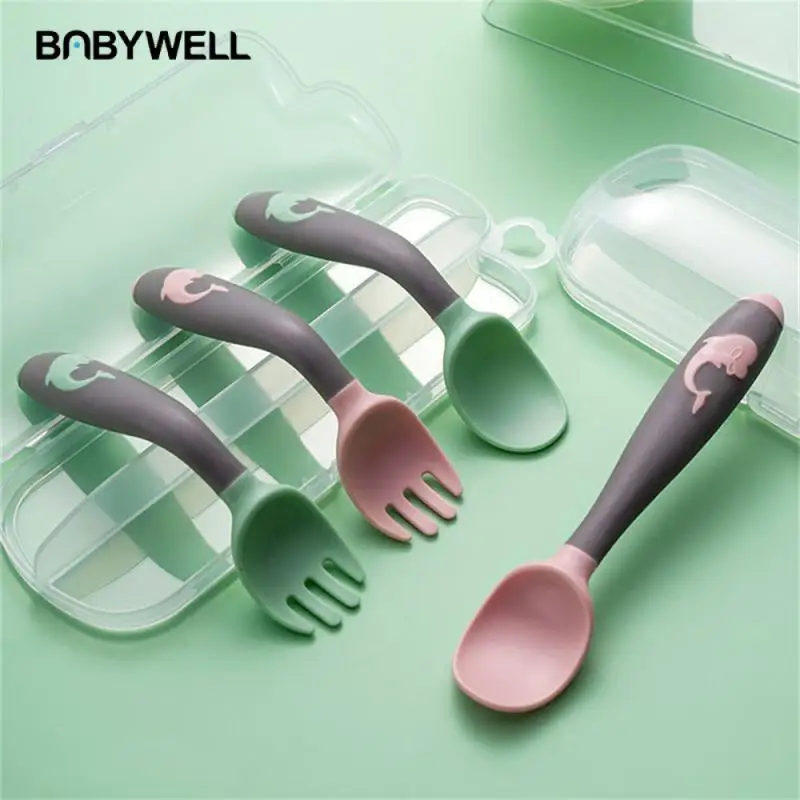 Baby Food Feeding Spoon Stainless Steel Scraping Silicone Soft Spoon Infant Tableware Utensil With Box Children Toddler Cutlery