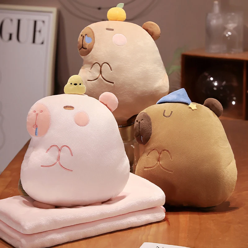 3 in 1 Multifunctional Casual Style Capybara with Fleece Blanket Hand Warmer Pink Capibara Bird Star Caps Bed Cushion for Boy