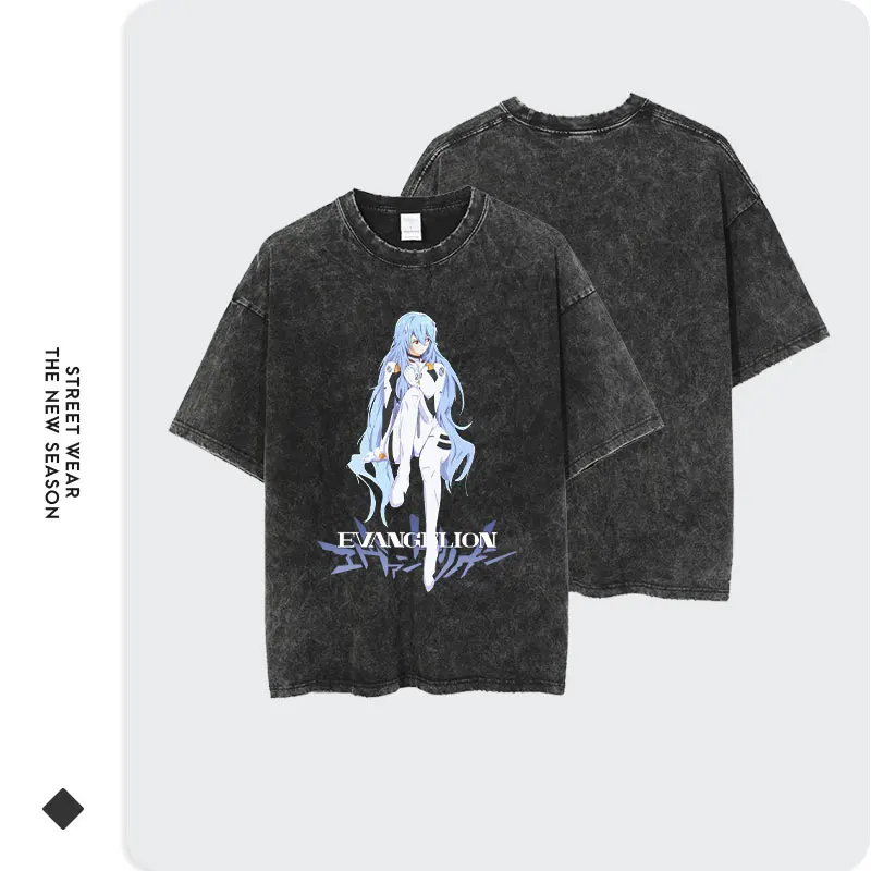 EVANGELION T-shirt Vintage Washed Anime Ayanami Rei T Shirts Oversized Streetwear Cute Girl Manga EVA Tops Tees Men 100% Cotton