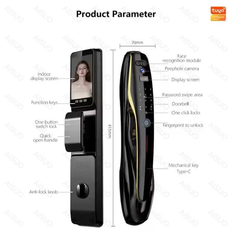 July008 AISUO Tuya Wifi Videocitofono Palmar Vein Smart Door Lock Camera Key Card Porte in legno di alluminio Riconoscimento facciale Smart Lo